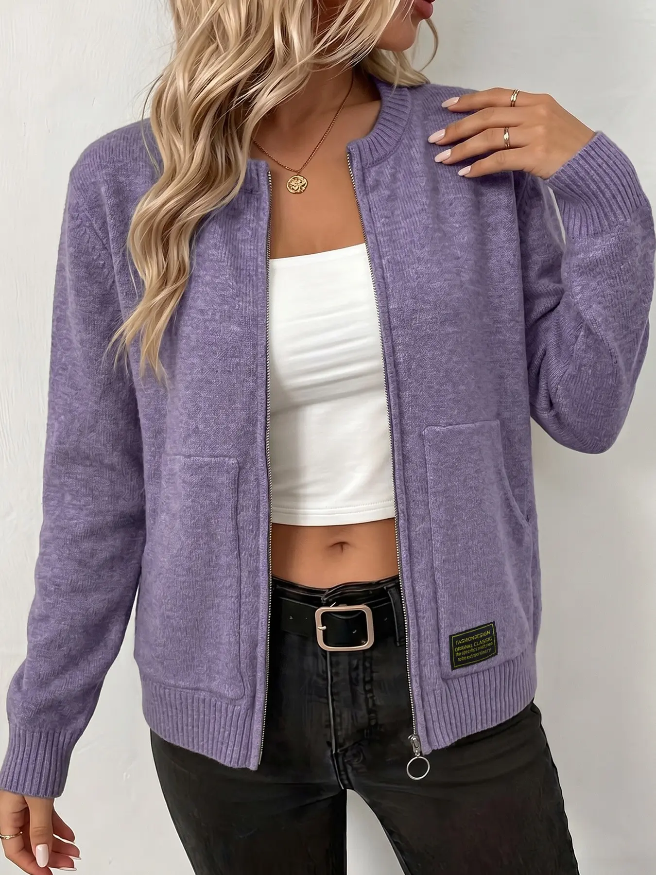 Women's Zipper Knit Cardigan Coat, Long Sleeve Pocket Design, Fall & Winter Casual Outerwear, Slim Fit 3/4 Length, Solid Color Knitwear