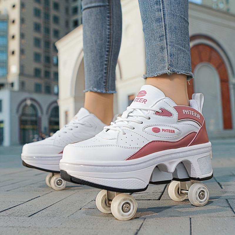 PHTEER 4-Wheel Roller Skates - Stylish Black & White, Lace-Up Design with Four-Wheel Support for Beginners, All-Season Use, Casual & Sports Skating Shoes, Casual Skating Shoes|Stylish Roller Skates|Laceup Skates