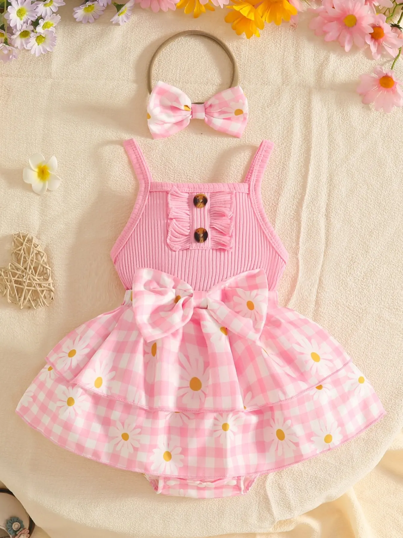 Summer Baby Girl Must-Have Tank Dress, Knit Fabric Patchwork Dual Shoulder Strap Dress, Plaid Floral Pattern Sweet Dress + Hairband, Baby Clothing