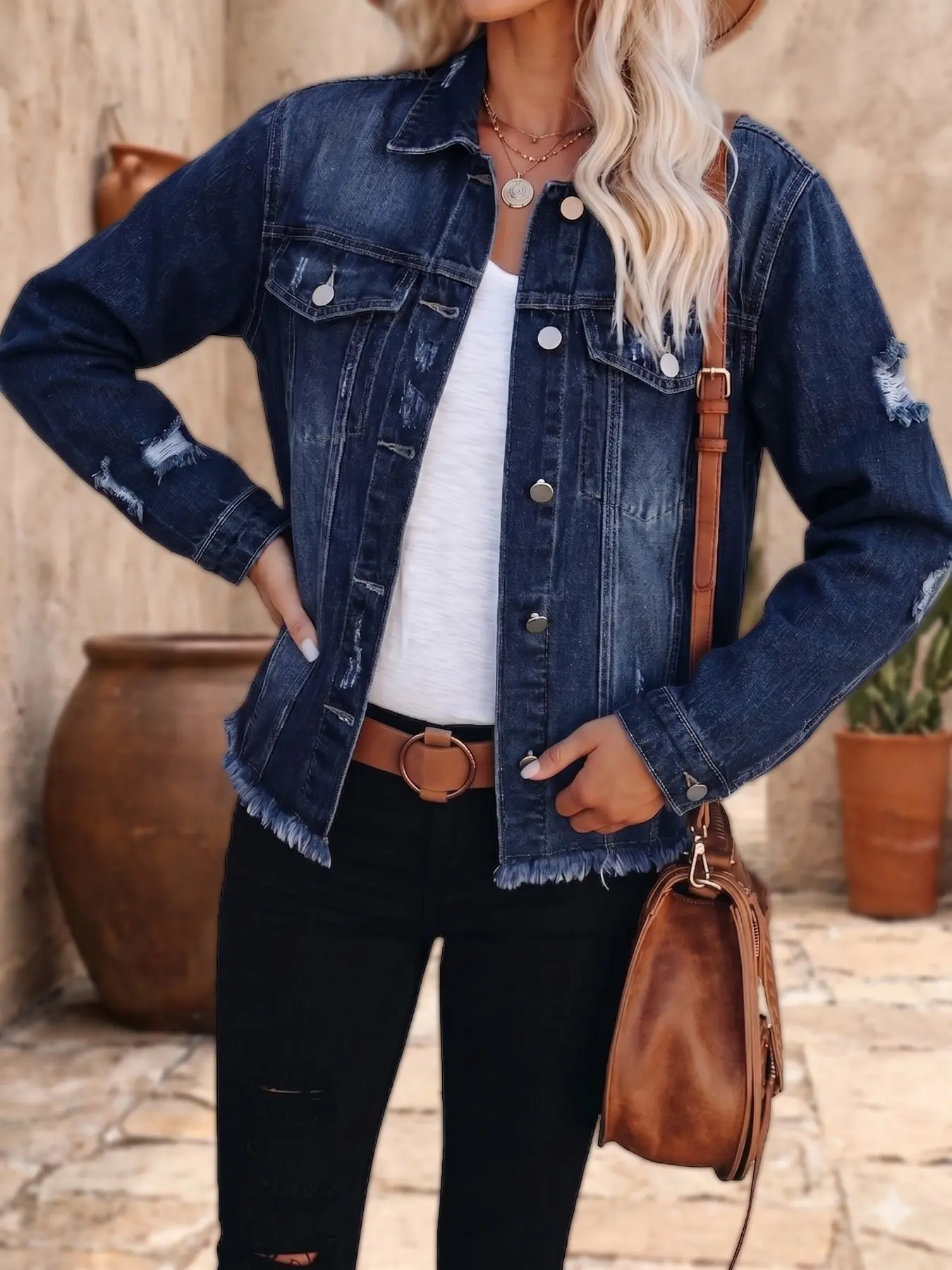 Women's Long Sleeve Dark Wash Denim Jacket Coats, Distressed Ripped Frayed Hem, Oversized Casual Vintage Streetwear, Daily Wear, Spring Fall, Loose Fashion Jacket