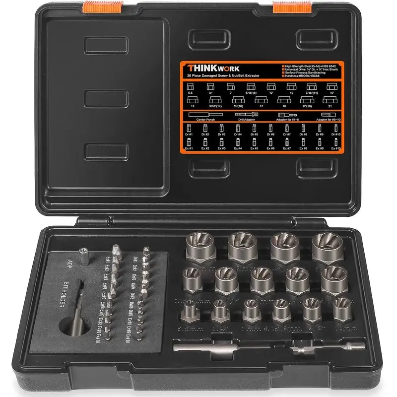 39-Piece Damaged Screw and Bolt Extractor Set, 3/8-Inch Drive Removal Kit for Rusted Rounded-Off and Stripped Fasteners, 2-21mm Cr-Mo Steel and HSS 6542 Reverse Spiral Flute Tools with Storage Case