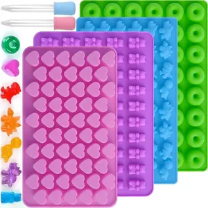 2026 New 4 Pack Non-Stick Silicone Gummy Candy Molds with 2 Liquid Droppers, Multi-Shape Dinosaur Bear Heart Donut Chocolate & Jelly Making Molds, Reusable DIY Baking Hand Tools Kit for Homemade Sweets