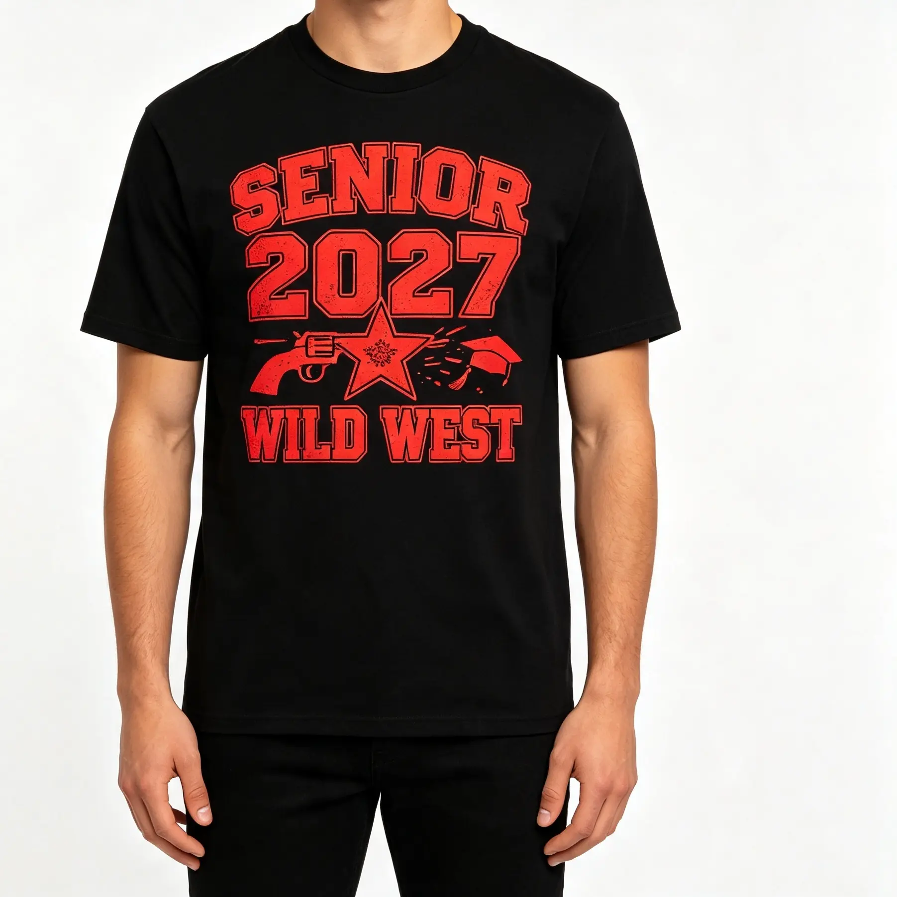 Retro Senior 2027 Wild West Sheriff Star Pistol Graduation Cap Graphic Print Oversized Crew‑Neck T‑Shirt Unisex Casual Western Graduation Loose Short‑Sleeve Tee Top cotton graphic tees