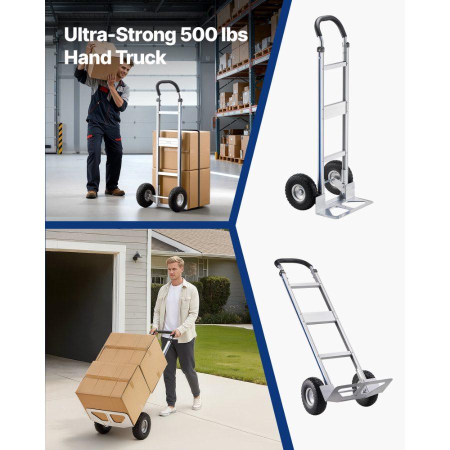 VEVOR Hand Truck, 500 lbs Load Capacity, Heavy-Duty Hand Truck Dolly with Non-Slip Wheels Handle, Aluminum Alloy Portable Trolley Dolly with Tie-down Strap for Moving Home, Office, Warehouse