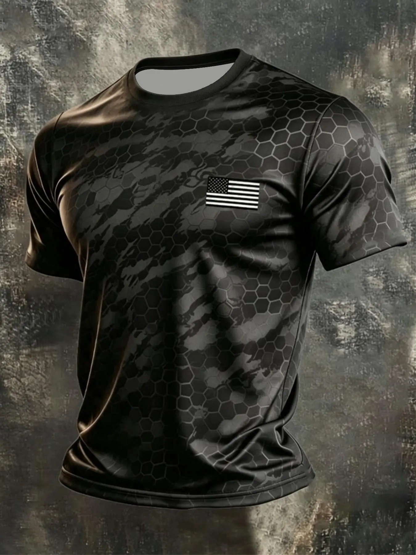 Men's Camouflage and Flag Pattern Round Neck Short Sleeve T-Shirt, Honeycomb Print, American Vintage Style, Breathable Quick-Dry Polyester