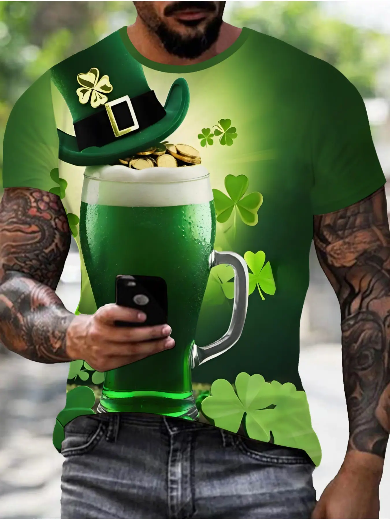 Saint Patrick's Day Men's 3D Digital Print Four-Leaf Clover Short Sleeve T-Shirt, Casual Comfortable Fit, All Seasons Wear