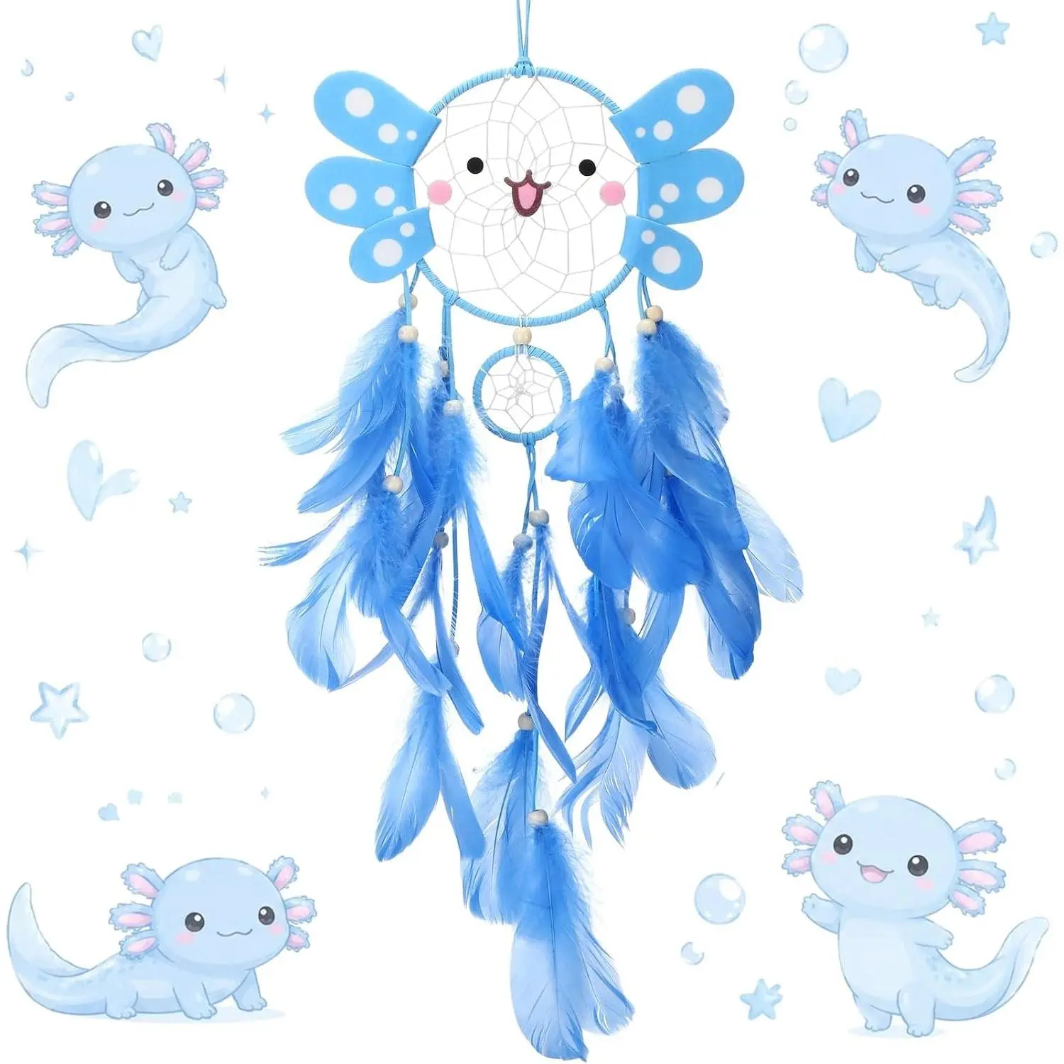 Geelin Cute Blue 5.5x21.6" Metal Axolotl Shape Dreamcatcher Wall Decor, Handmade Decorative Hangable Feather Wall Hanging, Birthday Gift for Boys' Bedroom DIY Party Decoration, Boys' Rooms