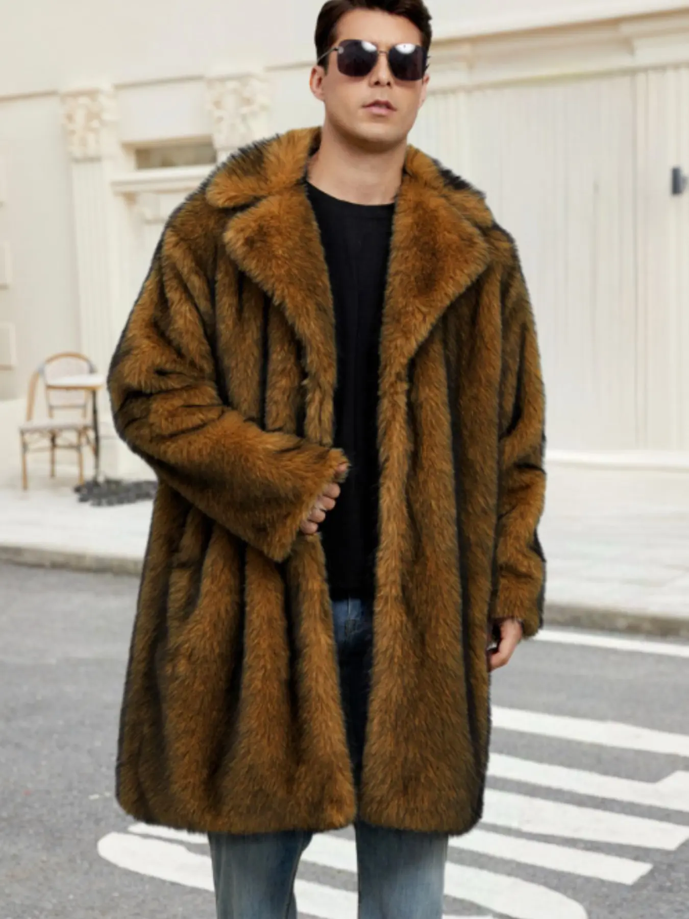 New Men's Long Winter Coat, Warm Fuzzy Jacket, Casual Placket Shirt, Long Sleeve, Plain Surface, Heavyweight (88.2g/m²), No Ca Prop 65