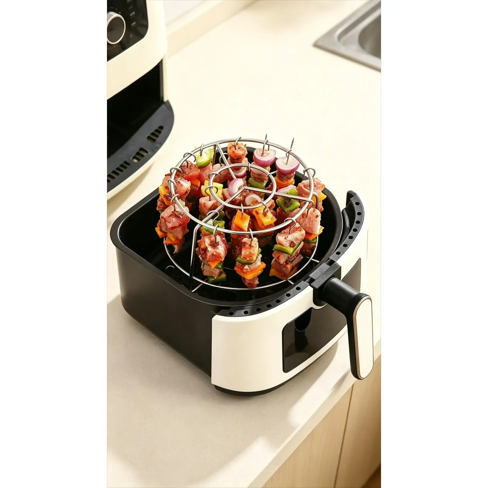 Stainless Steel Vertical Kebab Rack, Hanging Skewer Holder for Air Fryer & Oven, Multi-Use BBQ Stand for Meat Skewers, Durable Reusable Cooking Accessory for Home Grilling, Roasting & Outdoor Barbecue