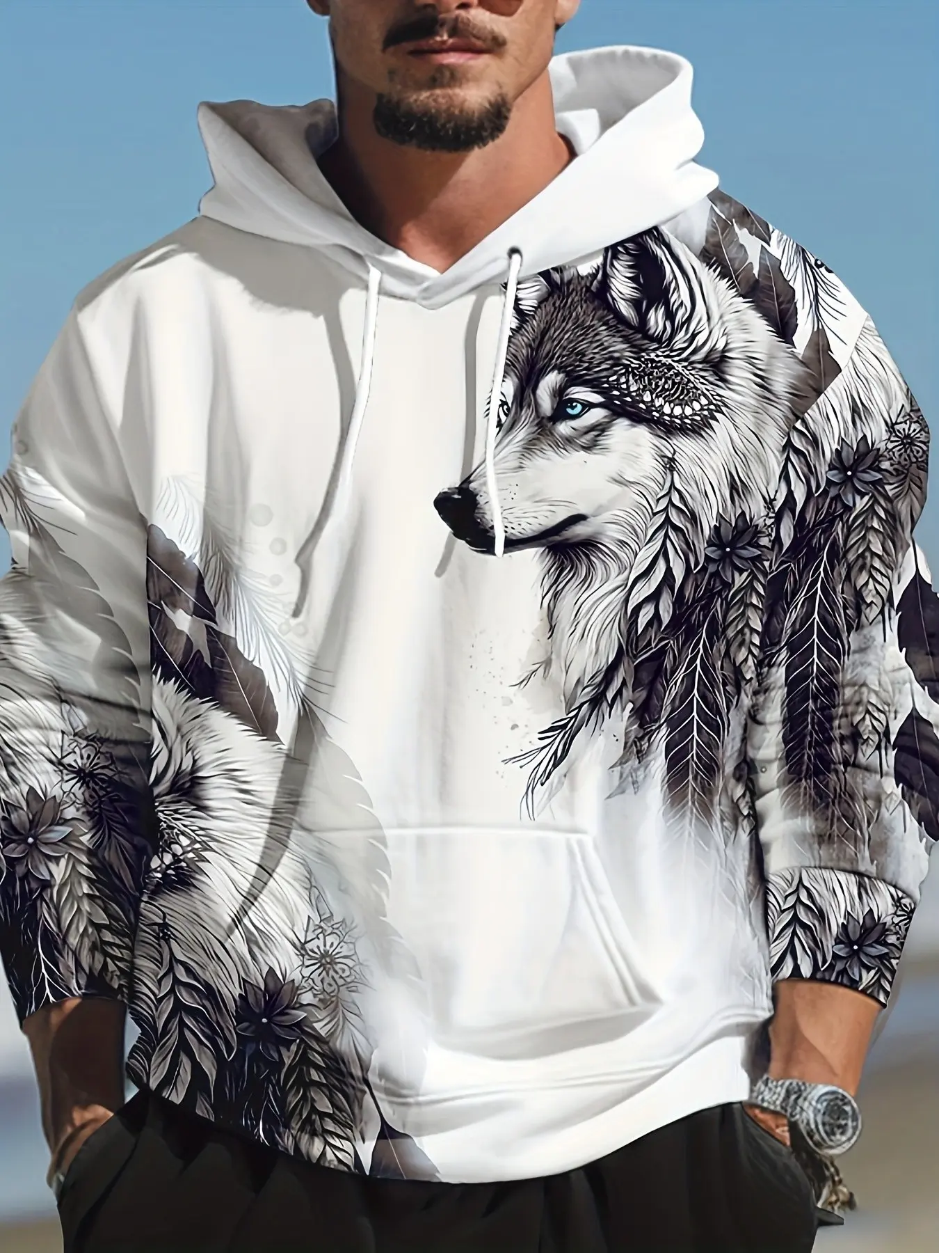 Men's Hooded Sweatshirt with Wolf Head Print, Casual Fashion Long Sleeve Pullover, Loose-Fit Outerwear for Fall & Winter