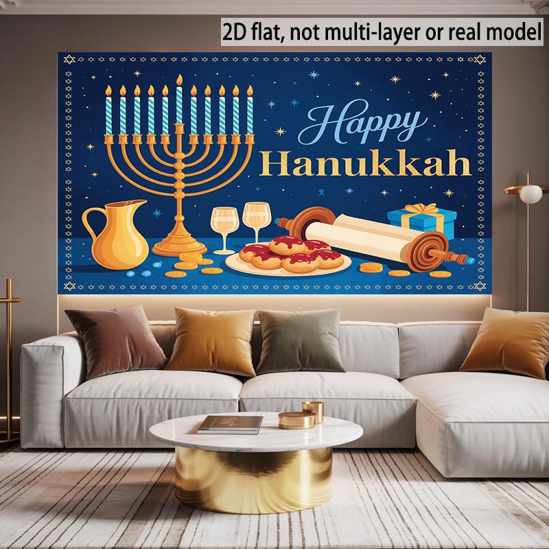 2D Flat, 2D Flat Banner, 1pc, Hanukkah Celebration with Menorah, Candles Background Decoration Background Photo Props, Room Decor, Wall Decor, Banner Decor, Home Decor, Party Background Decor, Party Decor/suppli