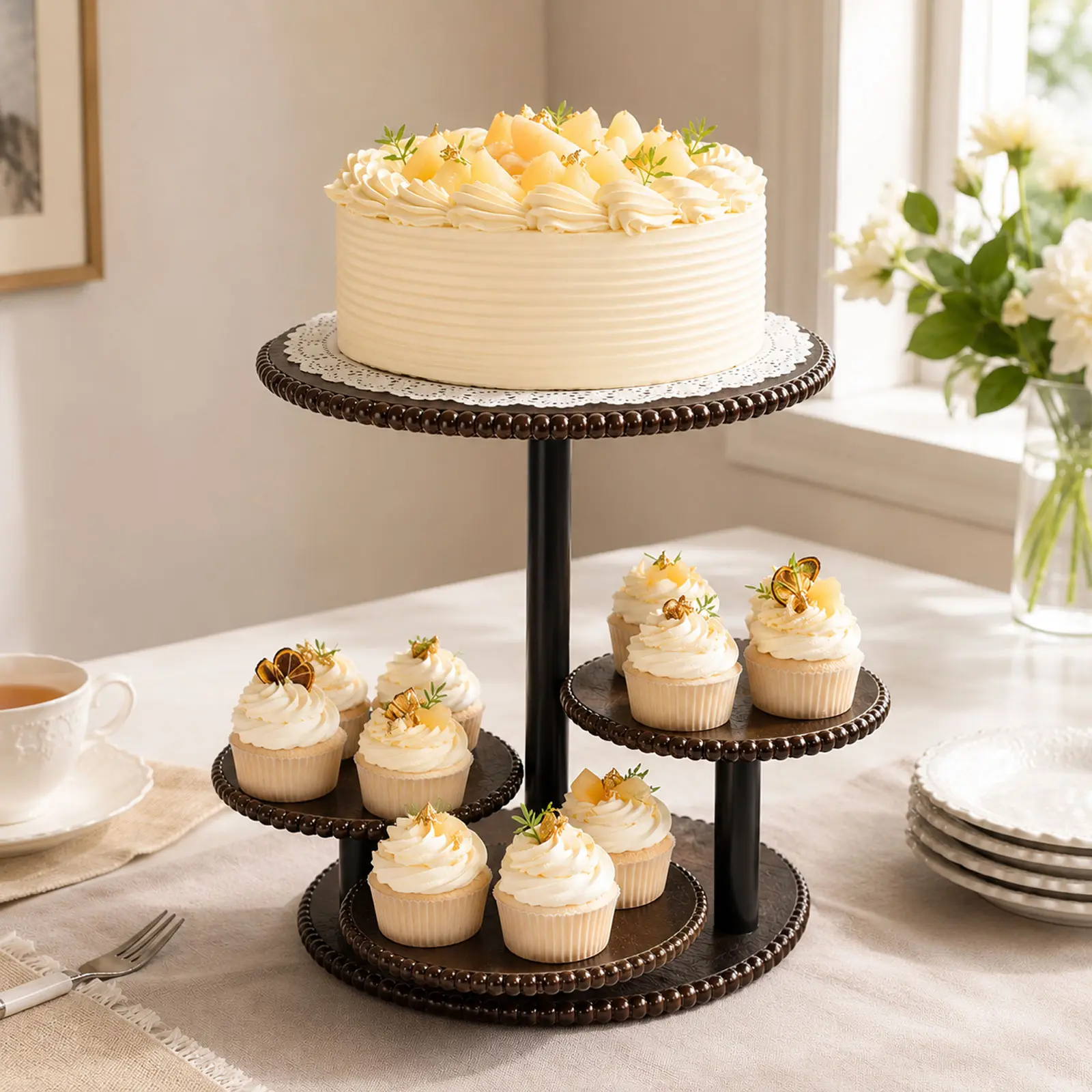 4-Tier Round Dark Brown Wood Cupcake Tower - 360-Rotate Beaded Tiered Shelf, Farmhouse Dessert Display Stand for Wedding, Birthday Cake Celebration, Decor, Room Decor, All Ages Home Essentials