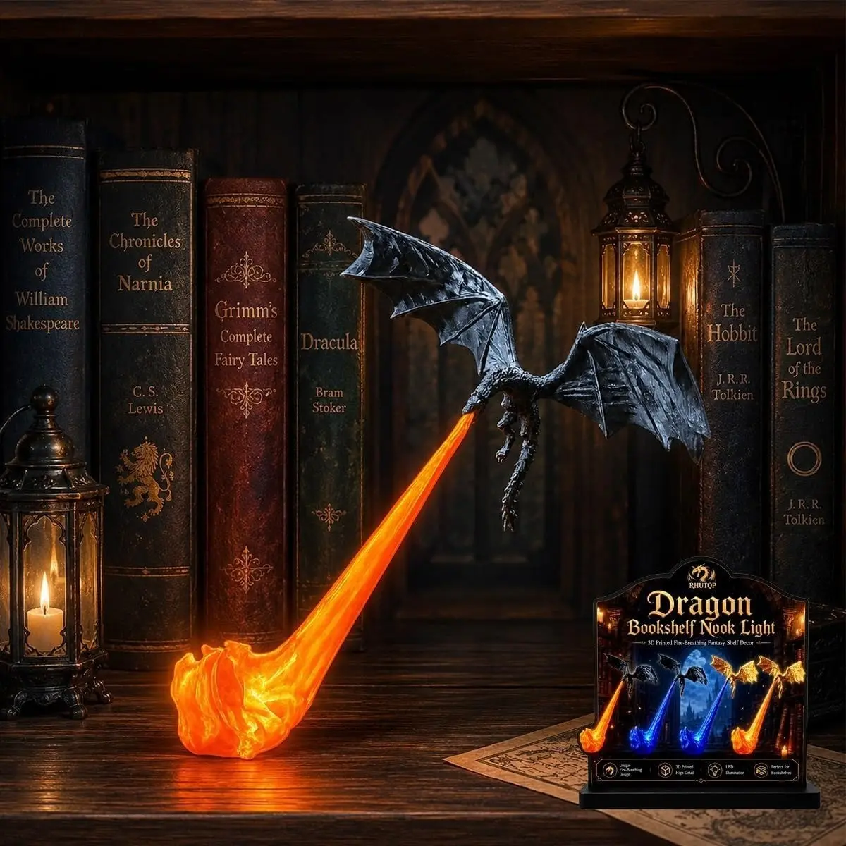 3D Printed Fire Breathing Dragon Bookshelf Lamp, or Blue Flame, Adjustable Size, Perfect Gift for Book Lovers, Halloween Decor