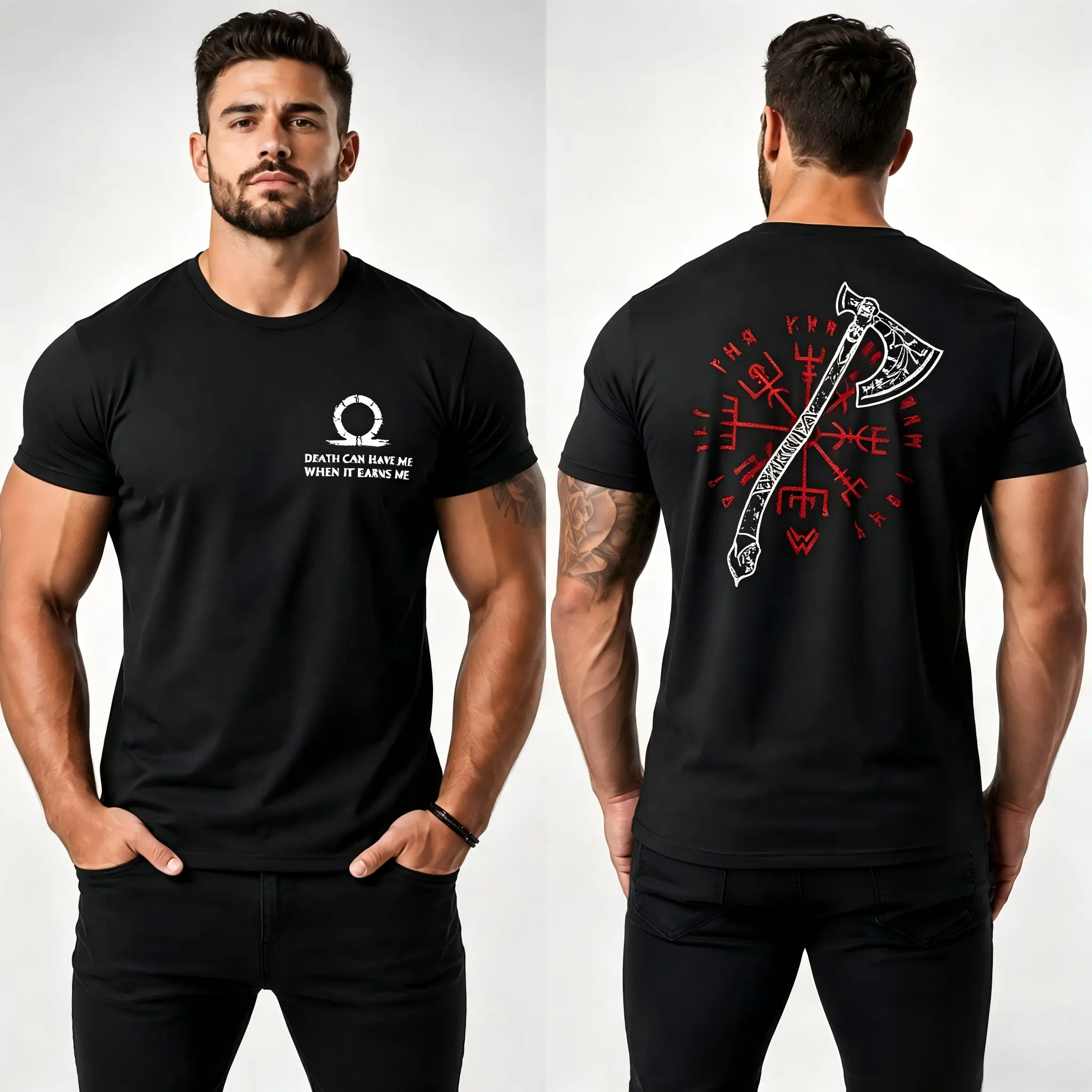 Death Can Have Me When It Earns Me Double Sided Viking Axe Vegvisir Back Print Chest Rune Graphic Daily Casual Outfit For Norse Myth Fans Warrior Quote Tee Viking Compass Top viking rune shirt norse warrior tee pagan viking apparel