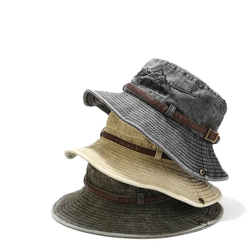 Men Women Vintage Washed Western Cowboy Bucket Hat Wide Brim Drawstring Windproof Sun Protection Breathable Outdoor Hat for Hiking Fishing Camping Trekking Beach Travel Daily Casual Wear