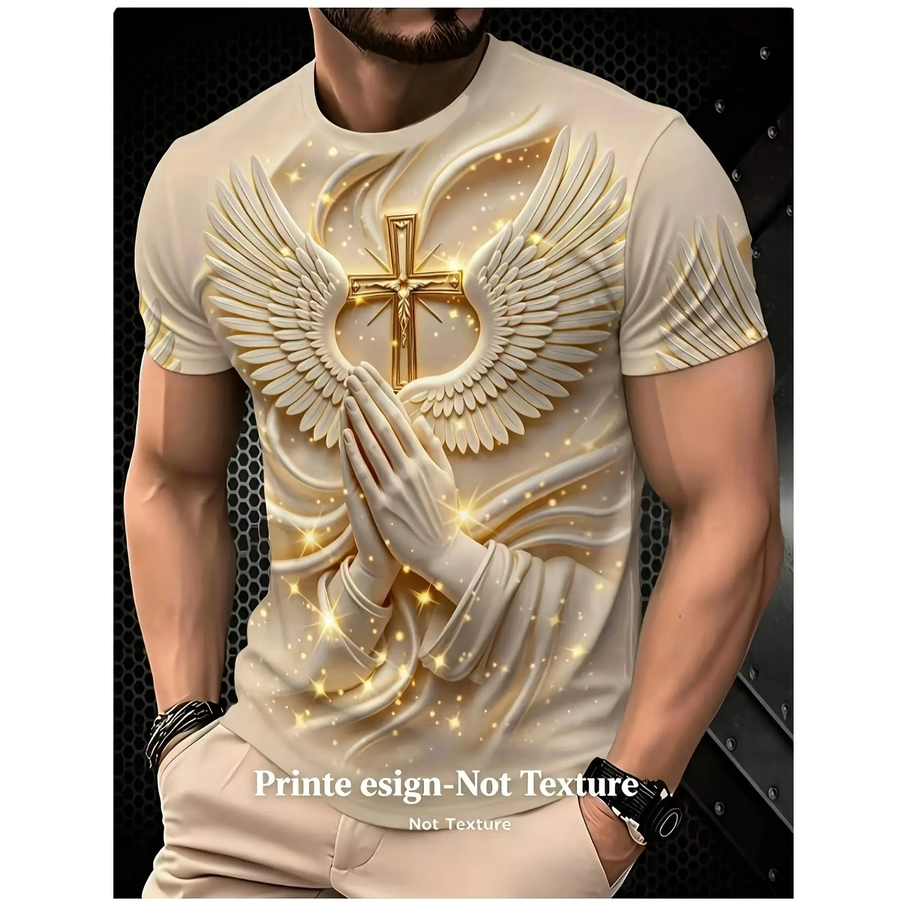 [Printed Design - Not Texture] Men's New Religious Praying Hands with Angel Wings and Cross Print T-Shirt, Short-Sleeve Trendy Avant-Garde Shirt