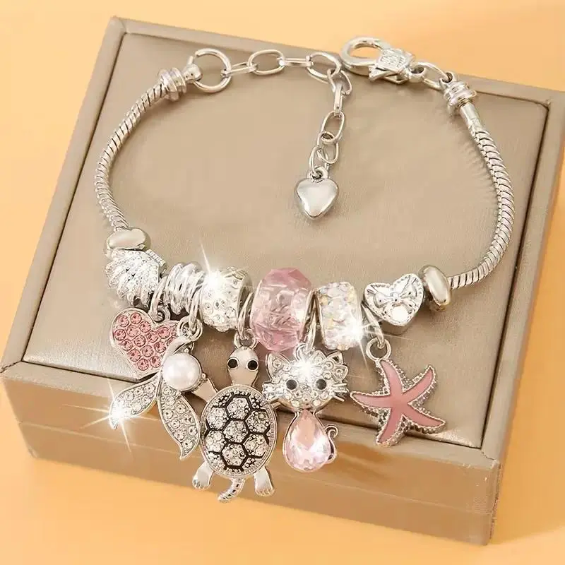 Women's & Teens' Cute Charm Bracelet - Silver Snake Chain With Sparkling Crystal, Turtle, Cat & Pink Heart Pendants, Adjustable Aesthetic Jewelry Gifts