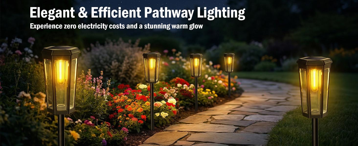 Ennvaofficial solar path lights for outdoor use, 6-piece set of solar hexagonal tungsten garden lights, bright LED pathway lights, solar-powered Edison bulb landscape lighting, suitable for outdoor walkways, courtyards, sidewalks, and yards (warm light)