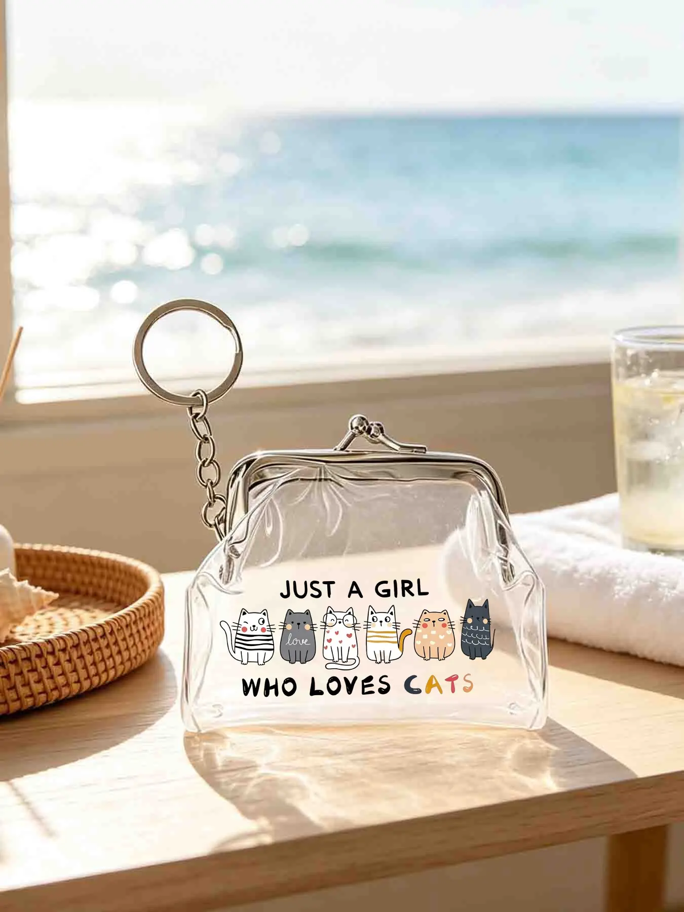 Cartoon Cat Print Transparent PVC Mini Coin Purse, Waterproof Metal Frame, Casual All-Season Accessory, Perfect Gift for Friends
