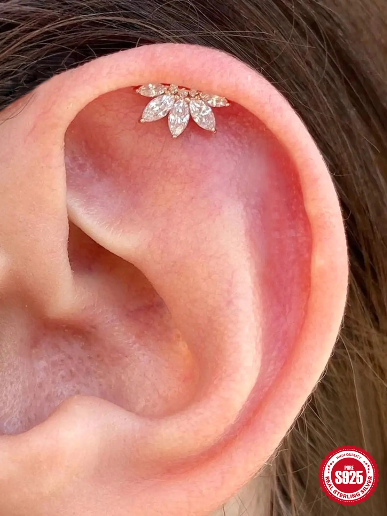 1Pc Waterproof S925 Silver Gold Screw Back Stud Earring, Non Tarnish Earrings, Non-Tarnish Hypoallergenic Y2K Bling Rhinestone Accessories, Tarnish Free Marquise CZ Crown Cartilage Helix Piercing Bridal Wedding Party Gift