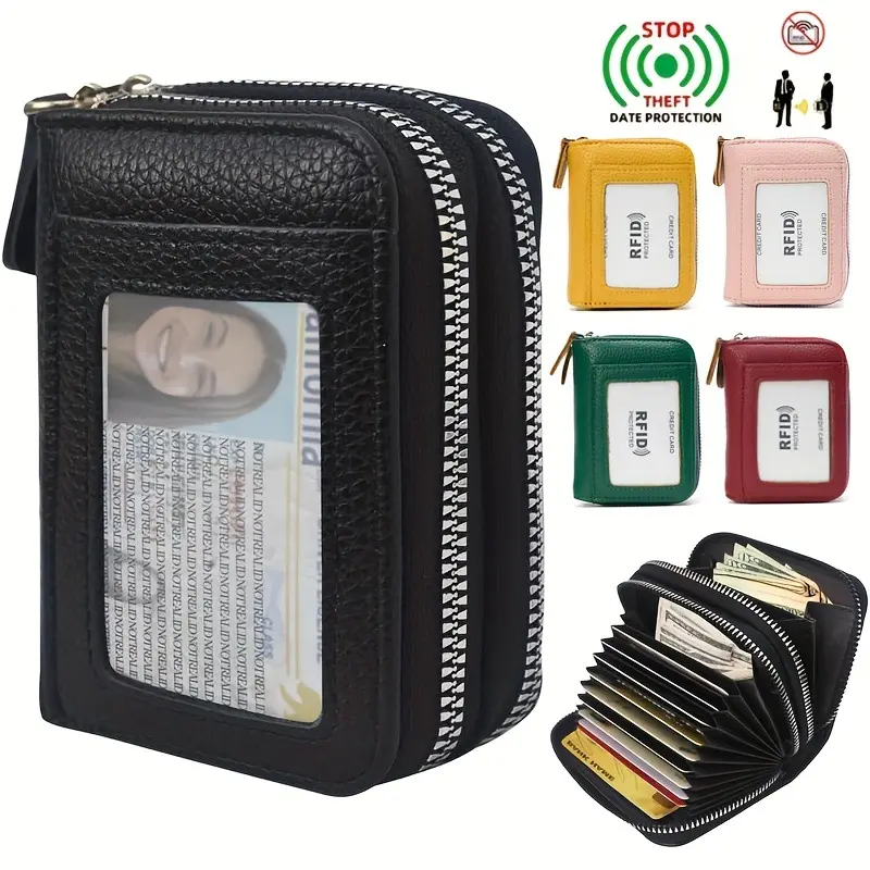 Men's Minimalist Plain PU Leather Compact RFID Blocking Accordion Card Holder Wallet - Multi-Slot, Transparent Window, Bus Pass & Coin Purse for Daily Use