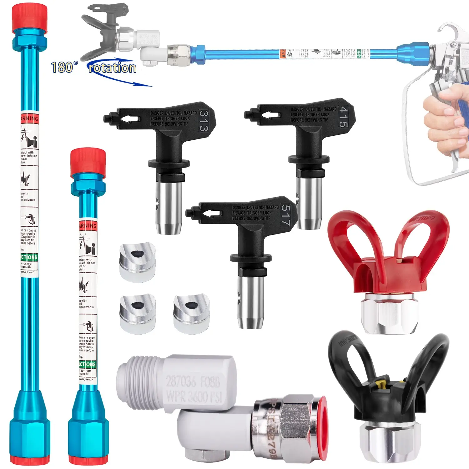 8-Piece Airless Spray Gun Nozzle Extension Set, Includes 3 Nozzles, 2 Extensions, 2 Nozzle Guards, Rotary Joint, Ideal for Painting, Replacement Nozzles, Sprayer Nozzles