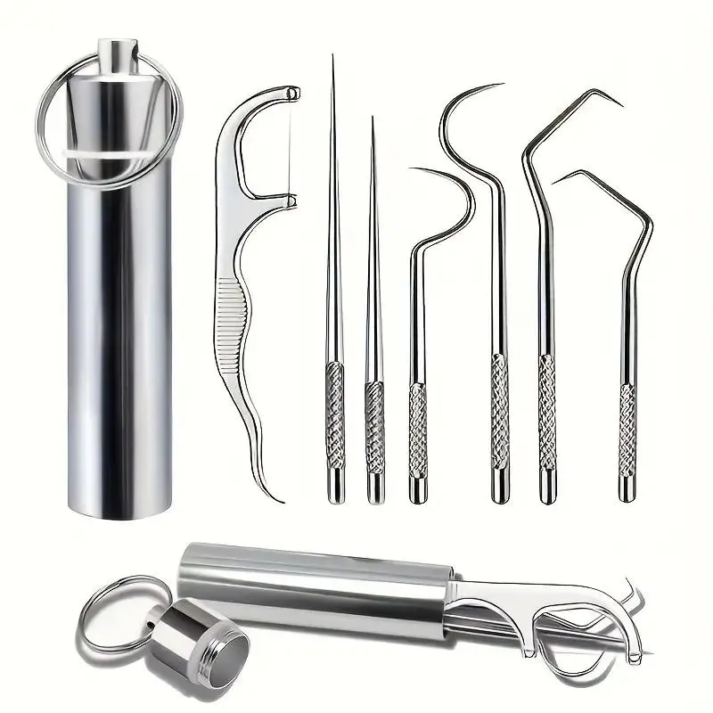 7 Piece Dental Cleaning Kit with Keychain, Stainless Steel Toothpicks and Floss Set, Reusable Portable Oral Care for Home, Camping, Travel