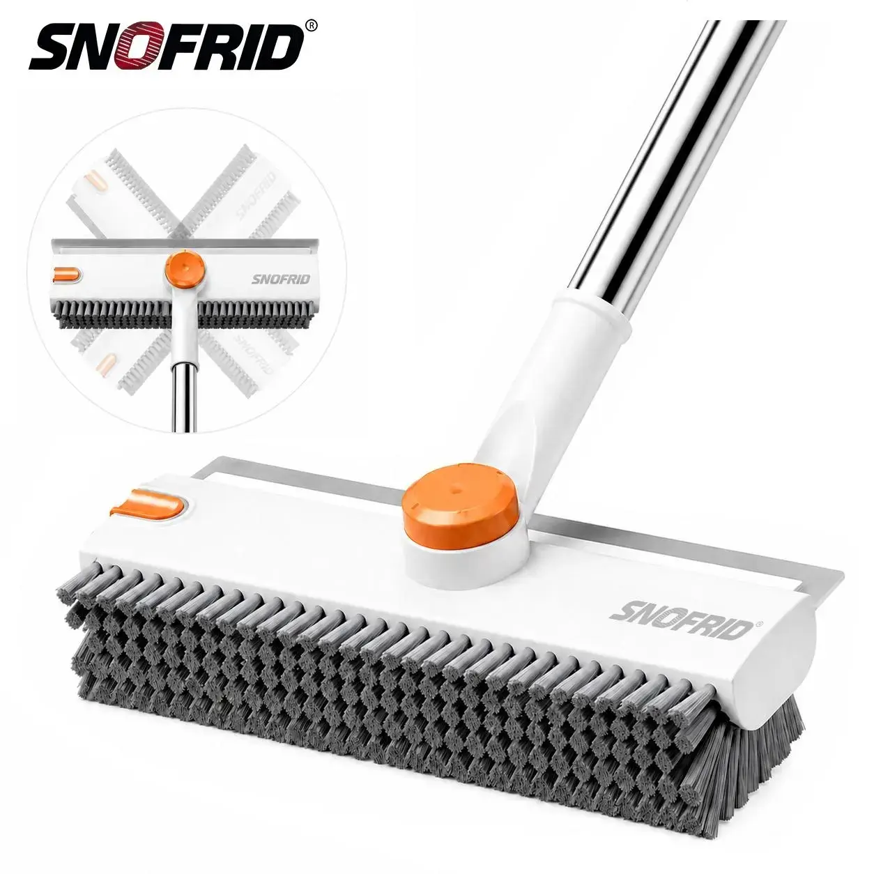 Snofrid Floor Scrub Brush 3 in 1 360 Degrees Floor Scrubber With 54 Inch Adjustable Long Handle And Scraper Heavy Duty Stiff Bristle Cleaning Brush For Shower Bathroom Kitchen Patio Garage Pool Wall A