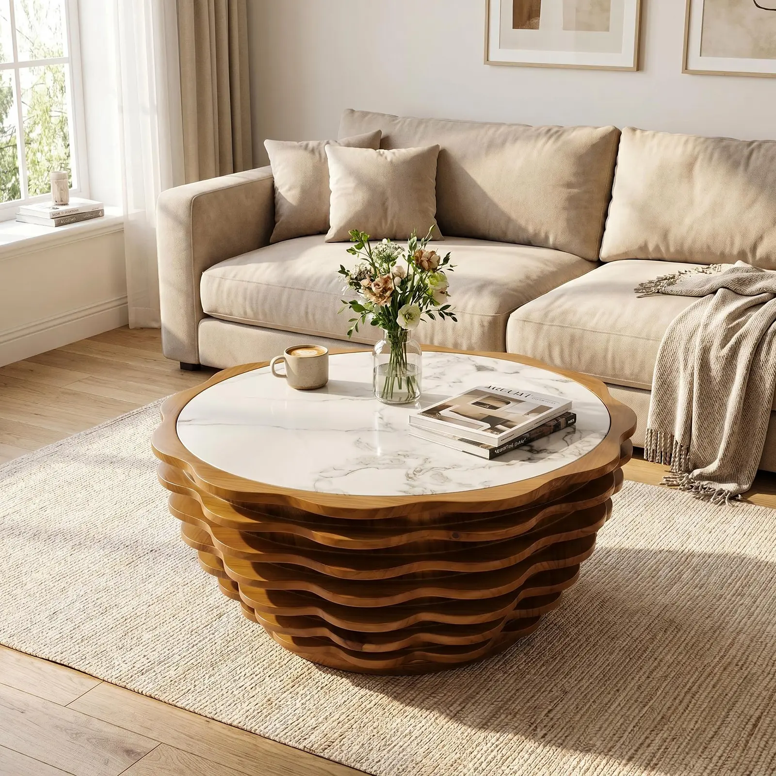 32.1in Round Pre-Assembled MDF Coffee Table - Modern Artsy Flower-Shaped Stone Pattern, Waterproof Surface, Brown Indoor Living Room Furniture