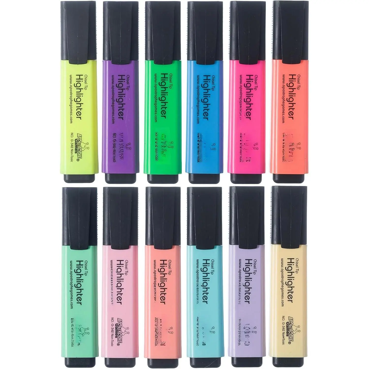 12 Highlighters, Chisel Tip  Colors, Fluorescent and Pastel Colors | Bright chisel tips highlighters for studying, work, and planning