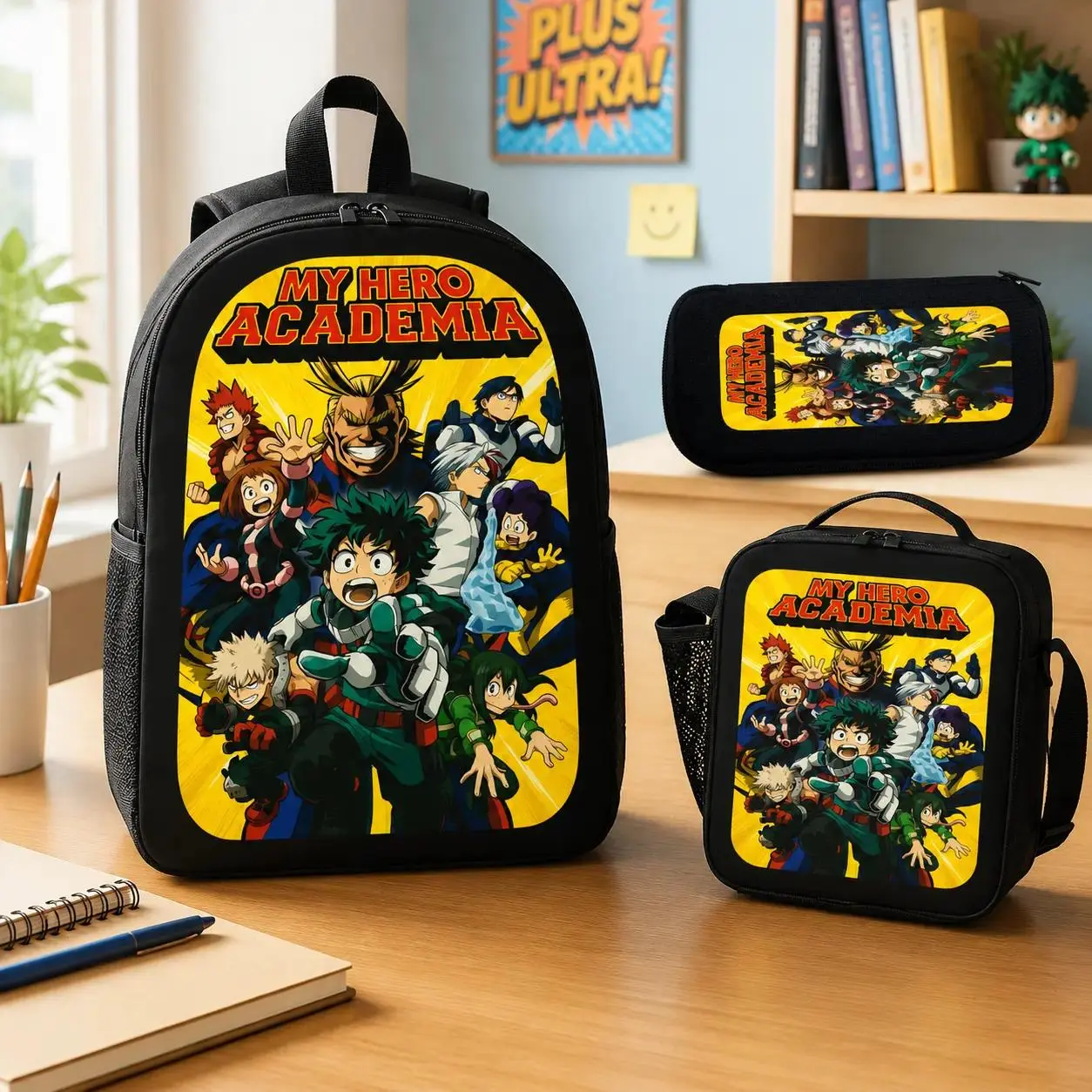 My Hero Academia 3-in-1 Backpack Set with Lunch Box & Pencil Case Large Capacity School Backpack for Boys Girls Teens Anime Fans Travel Daypack Gift, 3 In 1 Backpacks, Anime Manga Backpacks