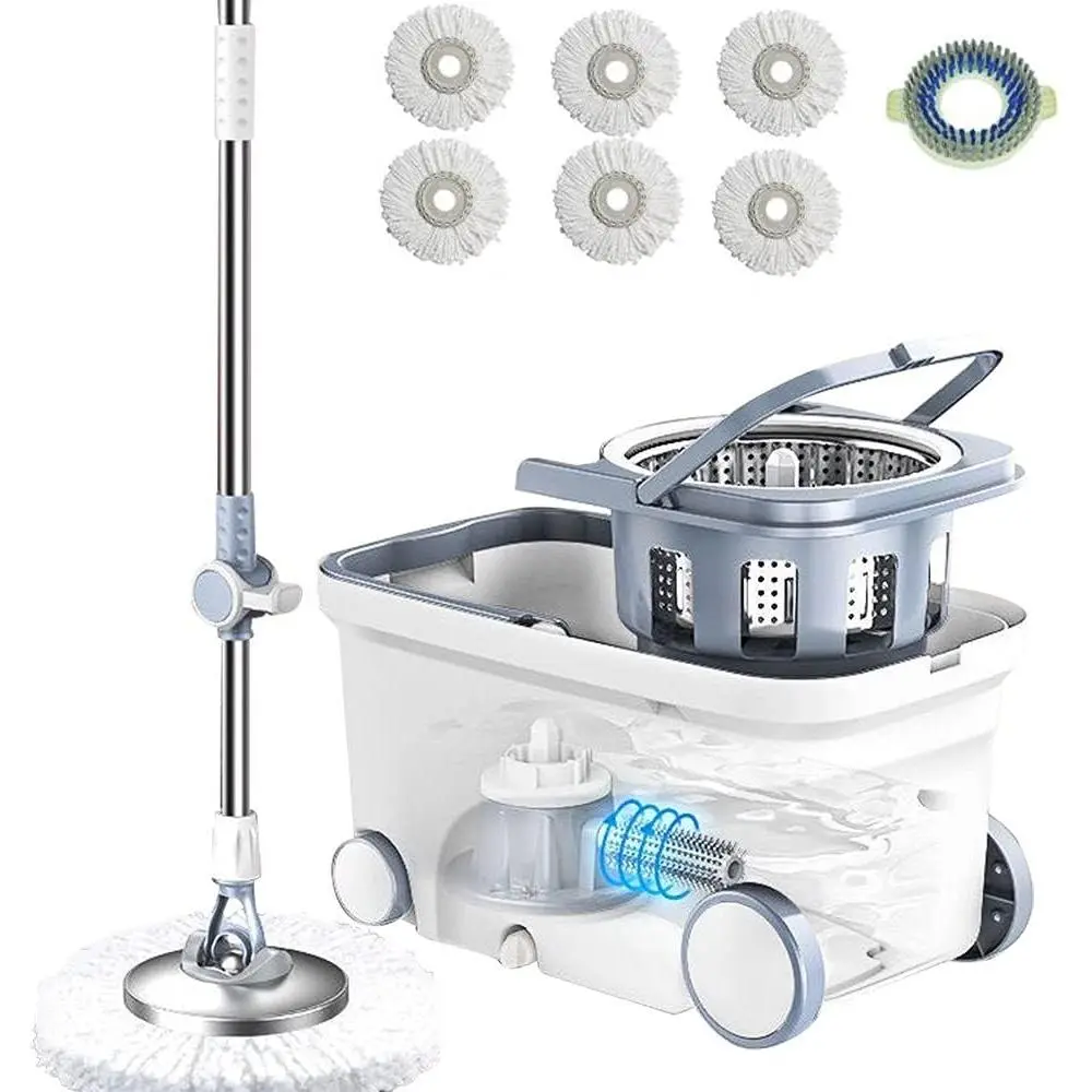 Spin Mop Bucket Deluxe 360 Spinning Floor Cleaning System with 6 Microfiber   Refills,62" Extended Handle,4X Wheel for  Cleaning