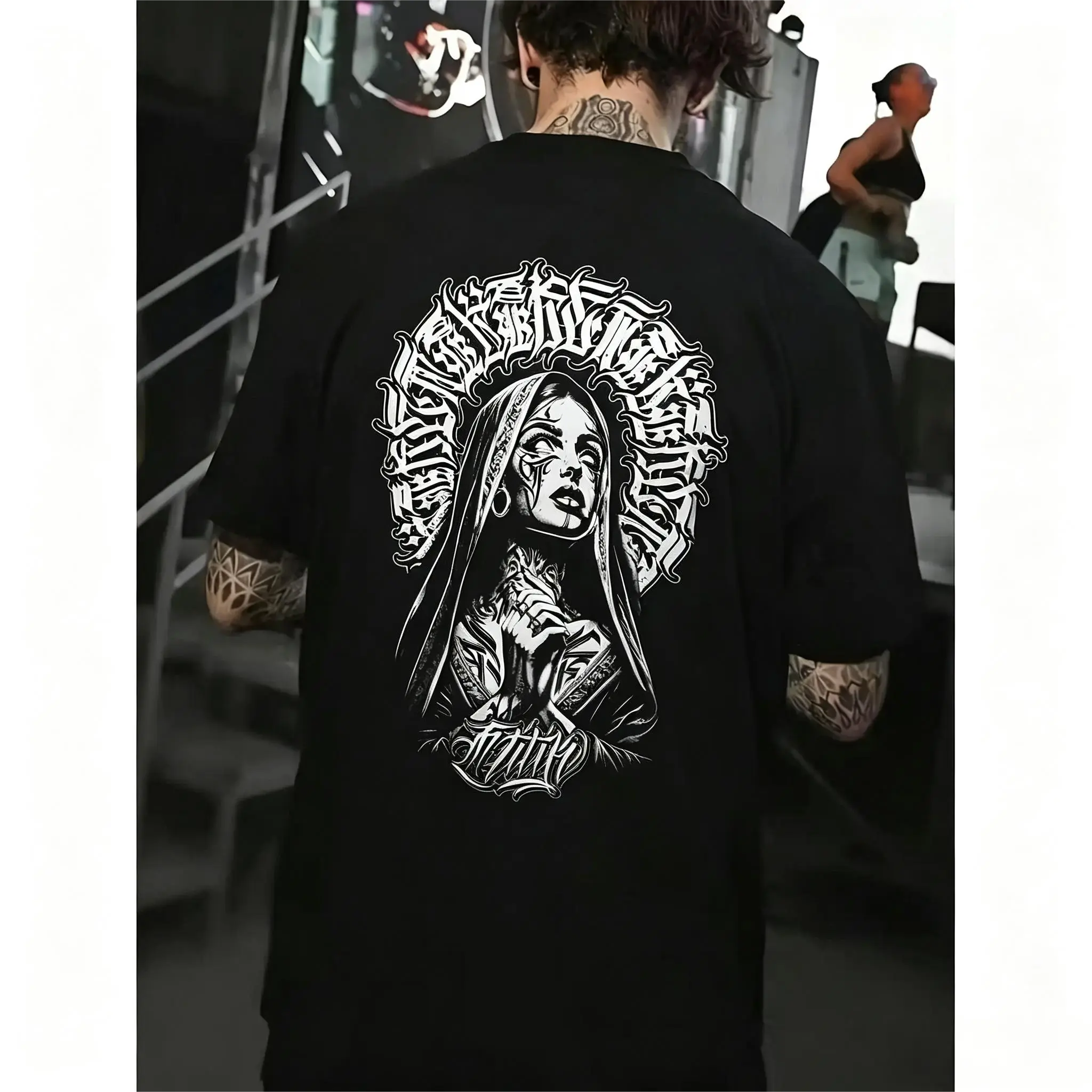 Unisex Gothic Chicano Tattoo Graphic Cotton Short-Sleeve Round Neck T-Shirt - West Coast Streetwear, Floral & Skull Prints, Breathable Summer Casual Sports Top for Concerts, Everyday Wear, Shortsleeve