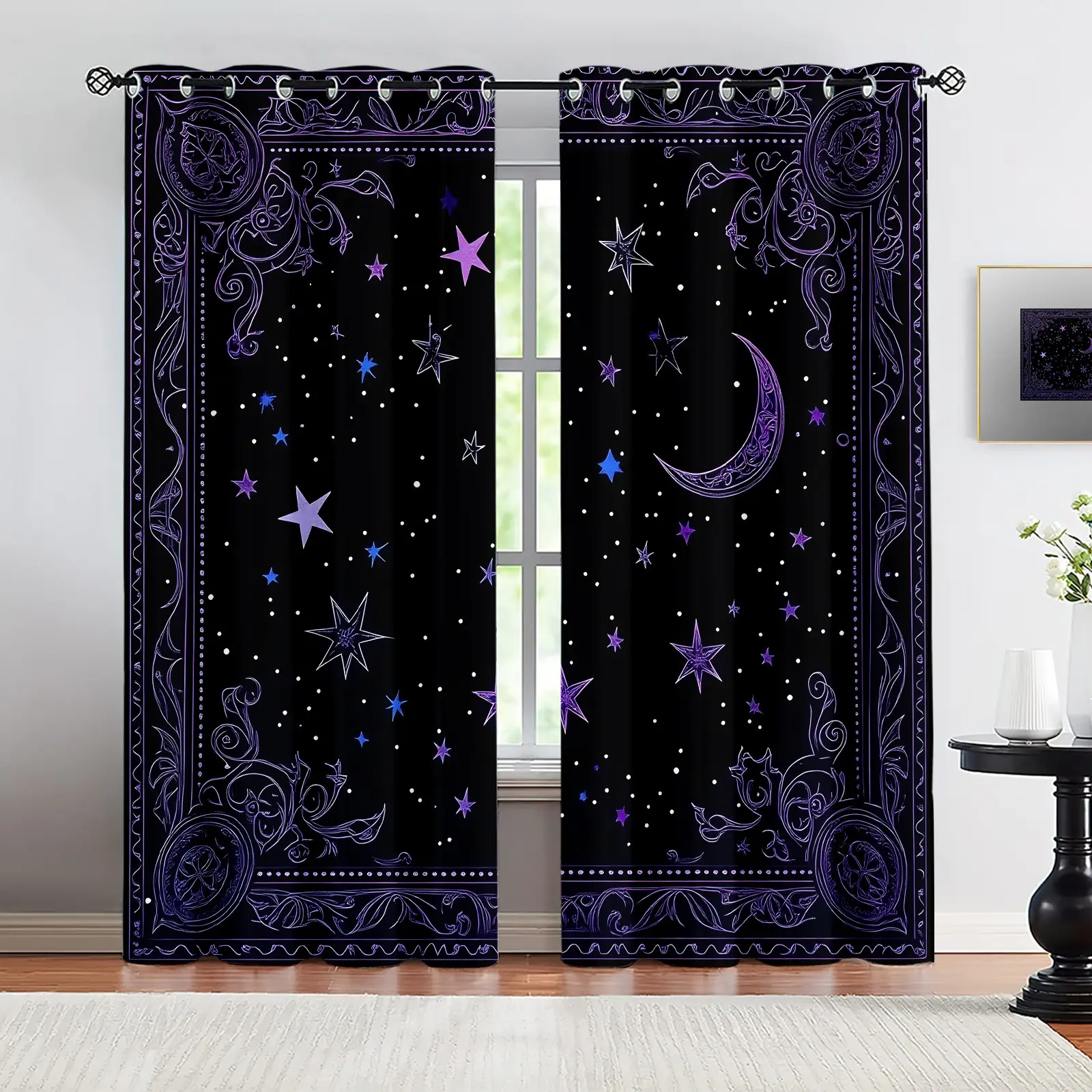 2 Panels Curtains, Mystic Moon Star Printed Curtains, Darkening Curtains, Bohemian Celestial Decoration Curtains, POD Digital Galaxy Print Window Drapes, Light Blocking for Bedroom Living Room, Gothic Astrology Decor for Teens Adults, Polyester Curtain