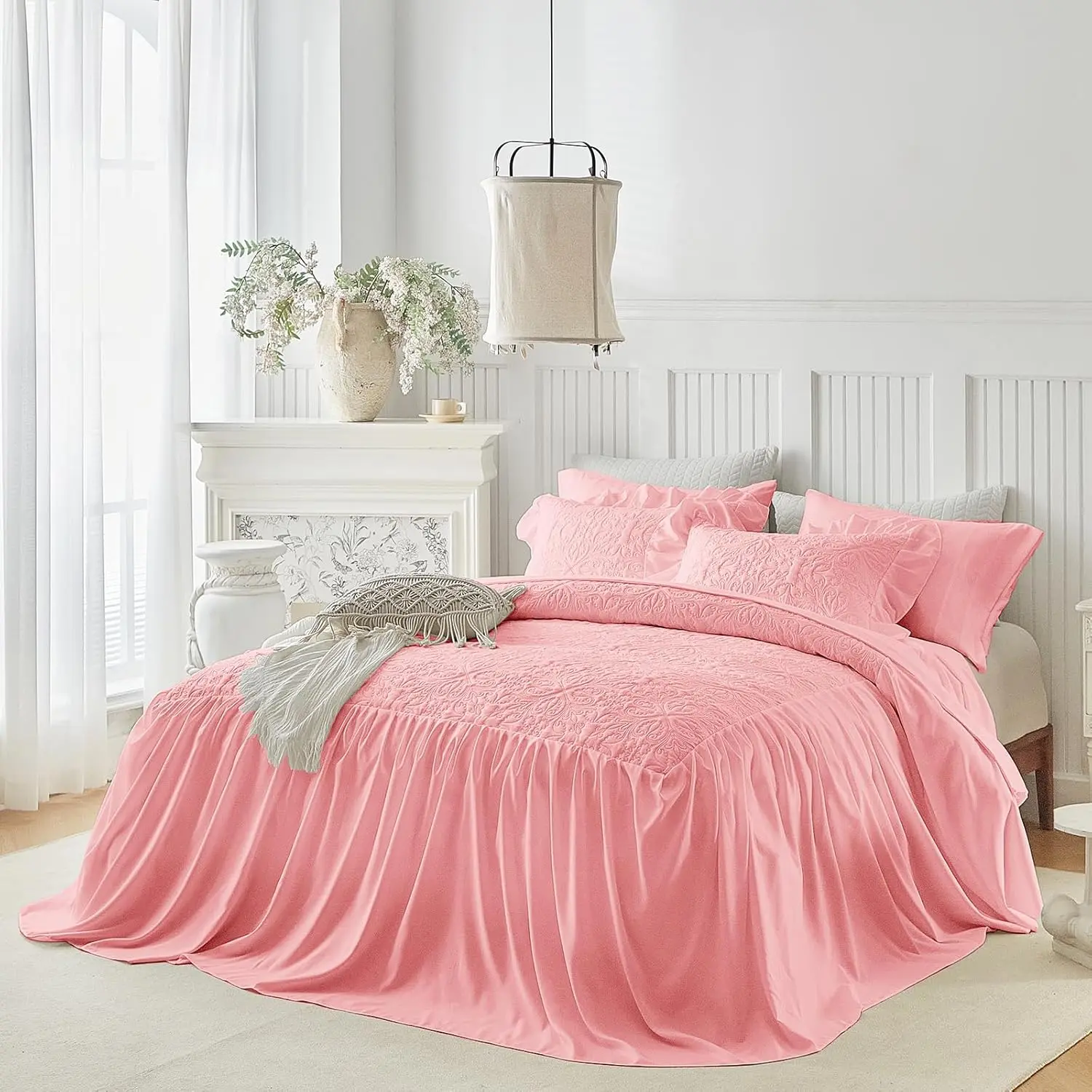 Ruffle Skirt Bedspread Set Floral - 30" Long Drop - Vintage Chic Ruffled Summer Bed Spreads Coverlet Boho Bedding Lightweight Luxurious Rustic 3 Piece Set Queen Size Pink