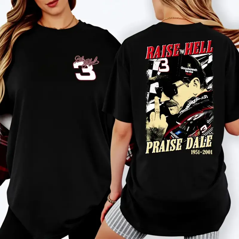 Women's Vintage Racing Legend Inspired Fitted Print T-shirt - "Raise Hell Praise Dale" 1951-2001 Double-Sided Black Cotton Casual Comfortable Tops for Fans, Soft, Simple, Crew Neck, Fabric, Shorts, Tshirt, Fitted Cut, Graphic Print, Medium Length, Thermal