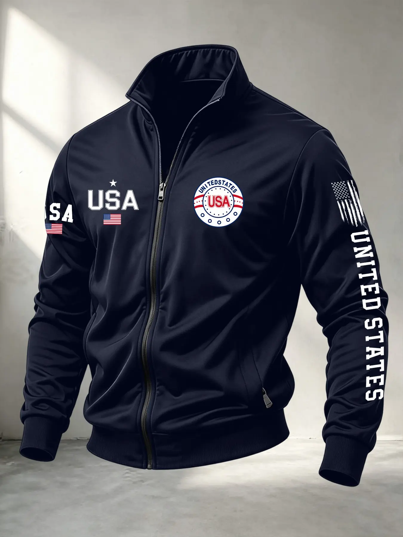 Men's Stand Collar Jacket, Usa Print Casual Fitted Zipper Coat, Lightweight Windproof Commuter Outerwear, Perfect Gift for Him