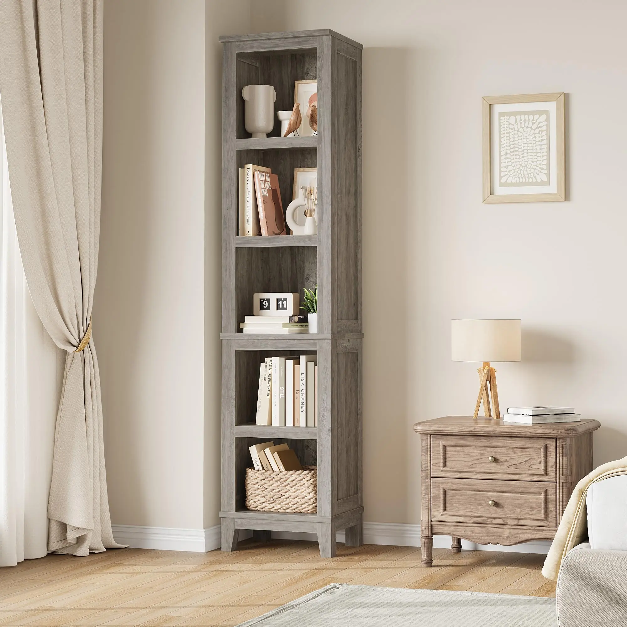 5-Tier Tall Narrow Bookshelf - Modern Rustic Bookcase - Adjustable Open Storage Shelves - Compact Display Cabinet for Living Room, Bedroom, Office - Versatile Organizer