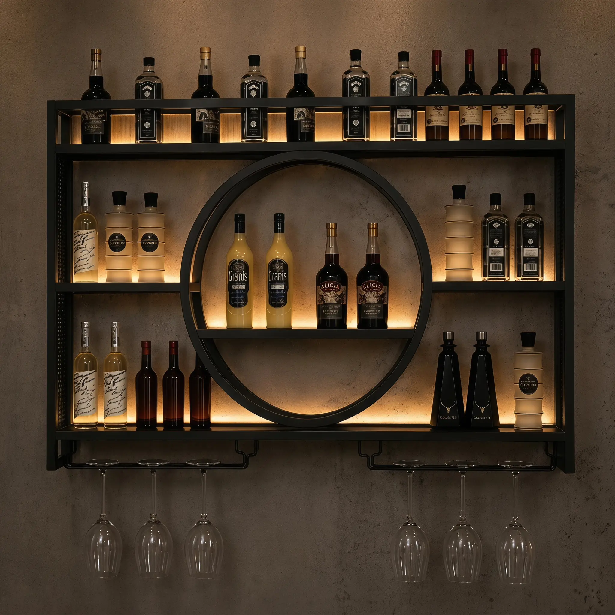 3-Tier Metal Wall Mounted Wine Rack - Single Unit with Glass Holder, Multi-Size (39/47/55 in), Tiered Shelves, Large Capacity Liquor Storage, Home Bar Kitchen Furniture (Black & Gold, Requires Setup)