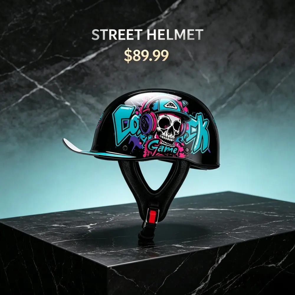 New Gaming Skull Pattern Glossy Brim Half Helmet, Retro Unique Non-Matching Helmet, Stylish Protective Headgear for Gamers