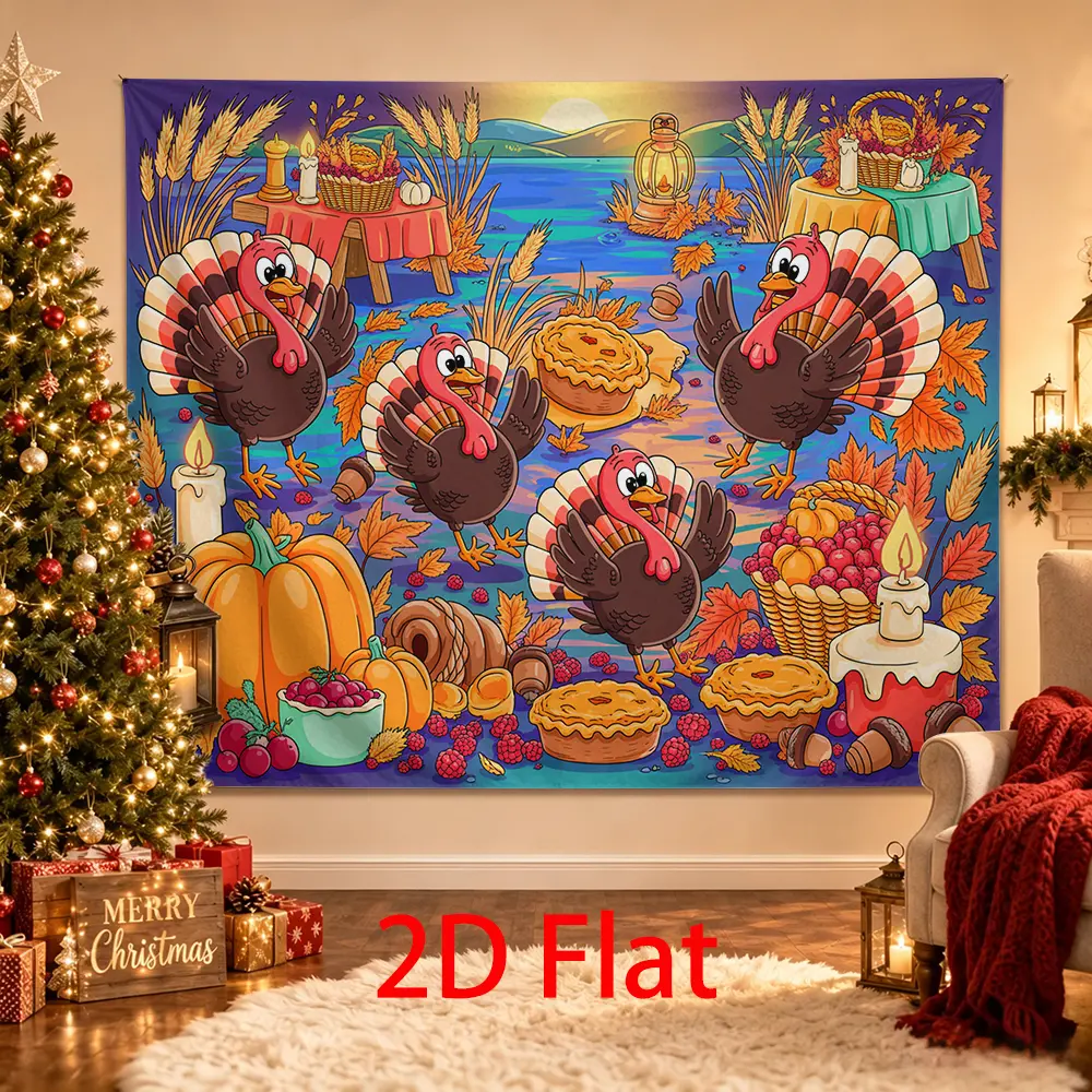 Thanksgiving Turkey Backdrop with Pumpkin Pies, Wheat and Autumn Harvest Scene