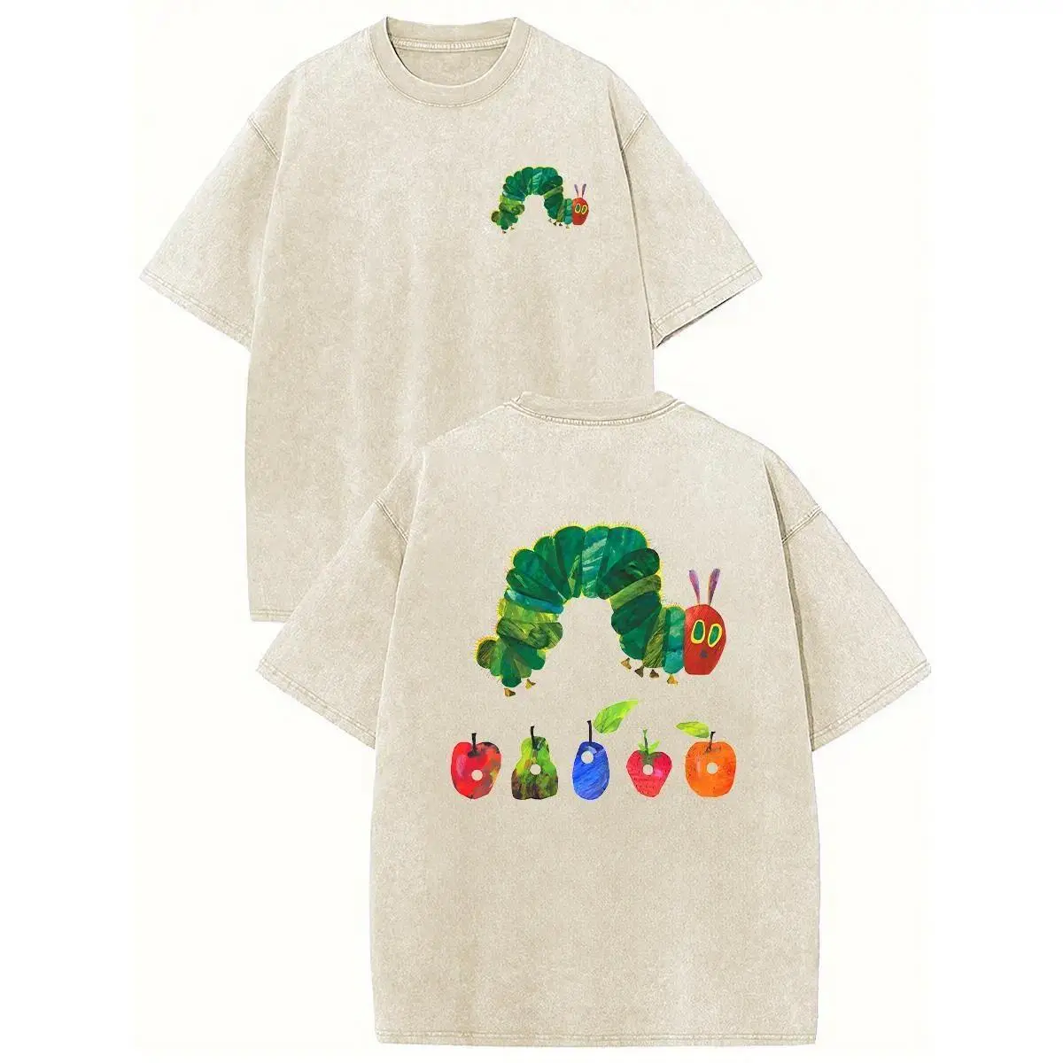 Men's Vintage Acid Wash T-Shirt, Heavyweight Cotton Crewneck with Dual-Sided "The Very Hungry Caterpillar" Graphic, Loose Short Sleeve Streetwear Tee, Shortsleeve