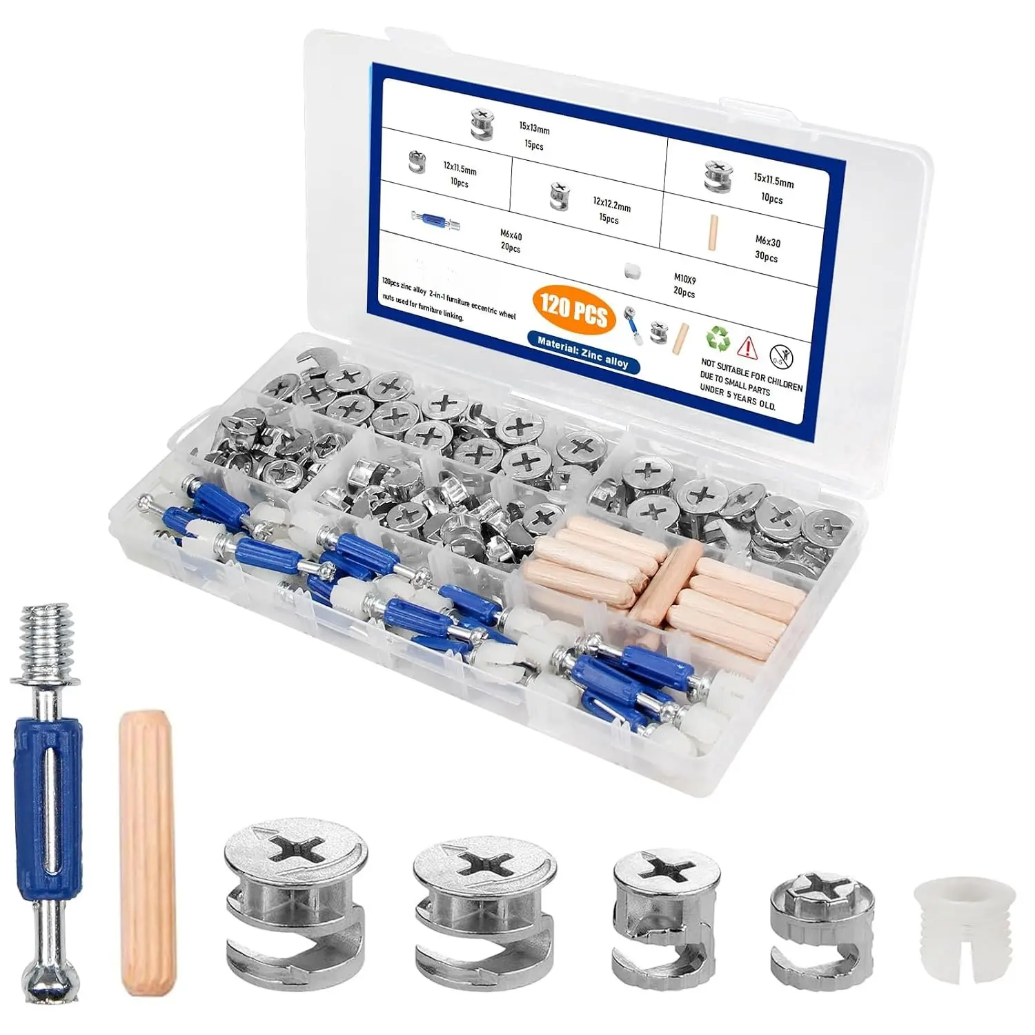 120 count 3 in 1 Furniture Cam Lock Hardware Kit, Eccentric Connectors |  Dowel Pins,Furniture Assembly Fasteners,  Repair Hardware for Cabinet, Drawer, Closet, Wardrobe