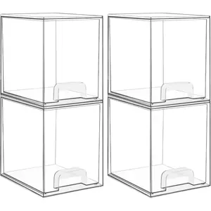 7.6" H Clear Stackable Storage Drawers, 4 Pack Plastic Organizers Bins for Skincare, Cosmetics,Beauty Supplies,Ideal for Vanity, Bathroom,Kitchen Countertop,Cabinet Organization