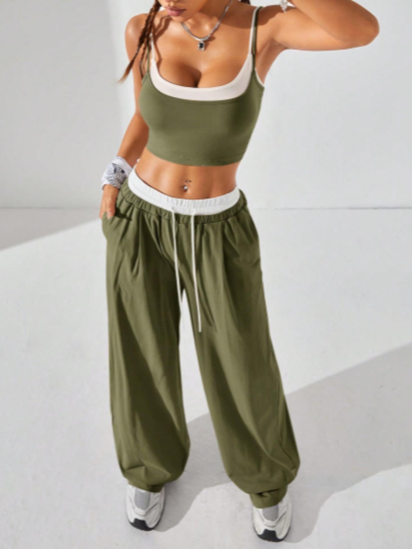 Two-Piece Set Women's Colorblock 2 in 1 Cami Top & Wide Leg Pants Set, Casual Sleeveless Top & Pocket Trousers, Ladies Summer Clothes, Casual Lounge Set, Stretchy Outfit Sets