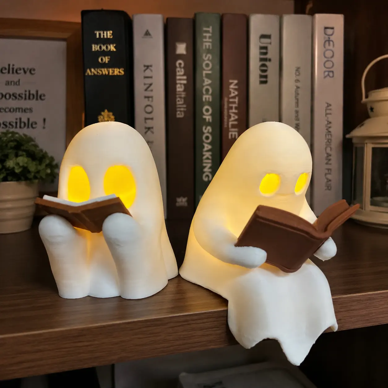 Reading Ghost Bookshelf Decor, Cute Ghost Night Light Holding a Book, Cozy Halloween Bookshelf Decoration, Book Nook Shelf Ornament, Gift for Book Lovers