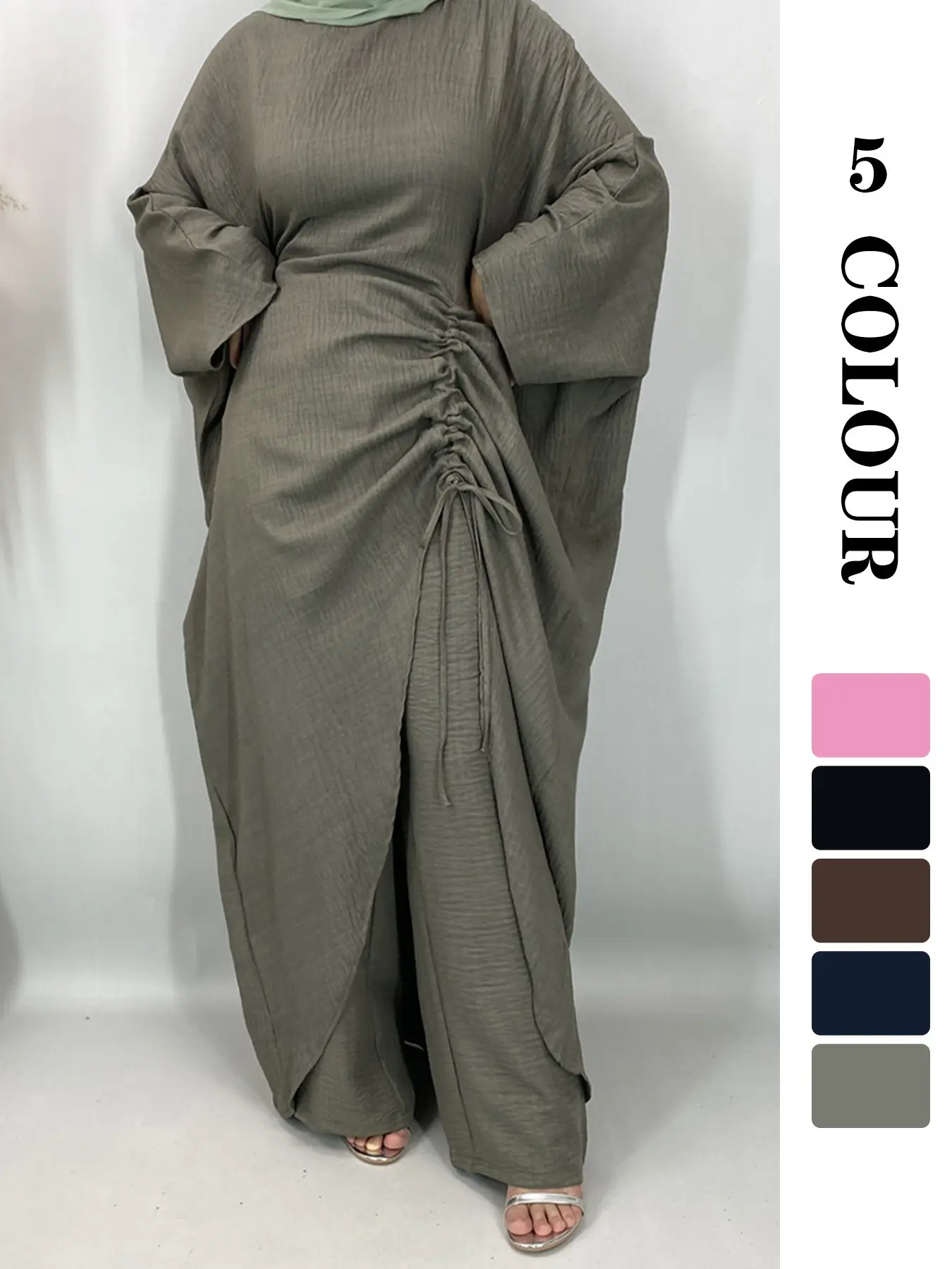 Trendy Crepe 2-Piece Abaya Set, Matching Sets, Batwing Sleeves Side Drawstring Top and Wide Leg Pants, Slimming Fit (Does Not Include Hijab), Available in 5 Colors & 5 Sizes