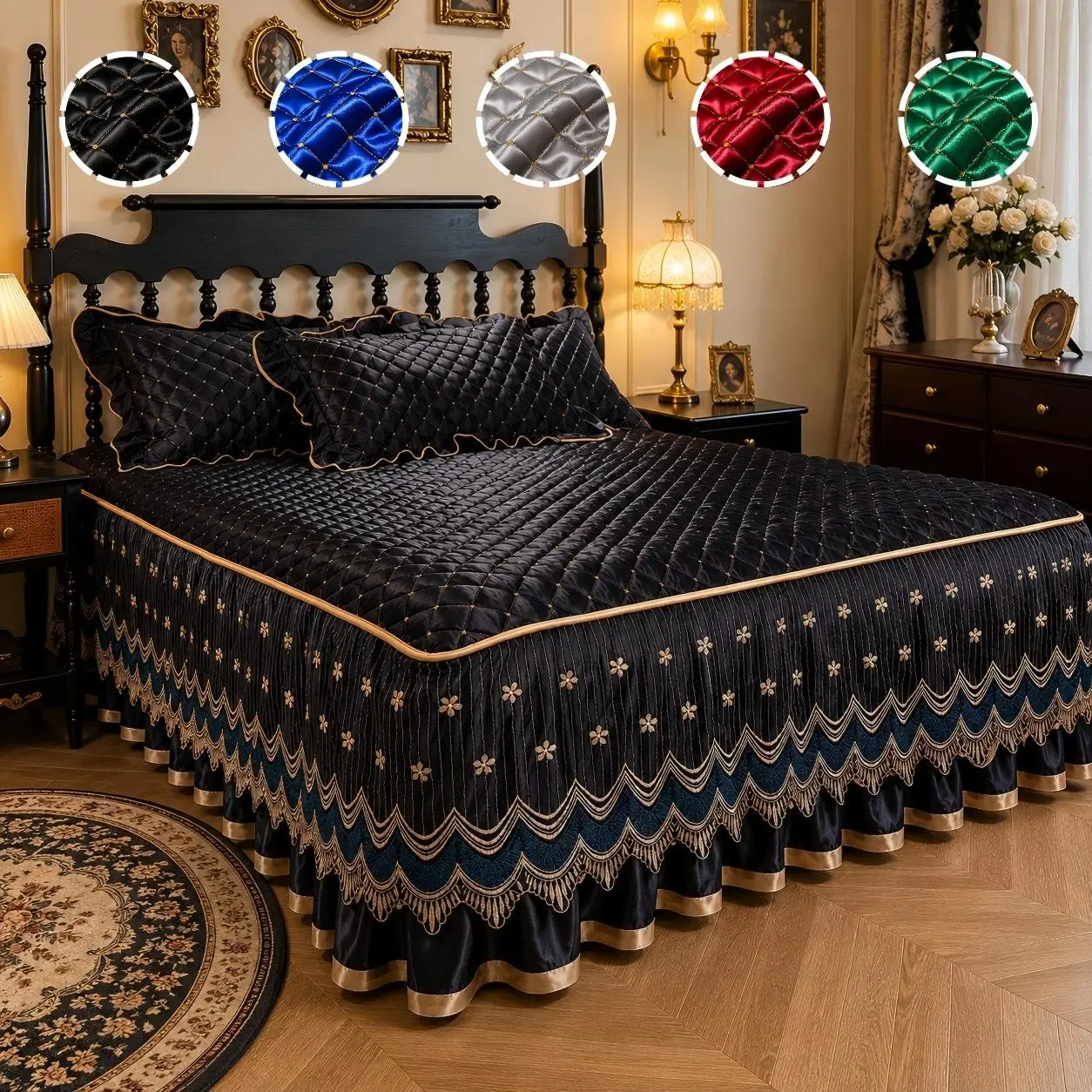 Silky Cool Chiffon Lace Bed Skirt Set, Includes 1 Bed Skirt and 2 Pillowcases, Quilted Mattress Protector, All Seasons Bedset