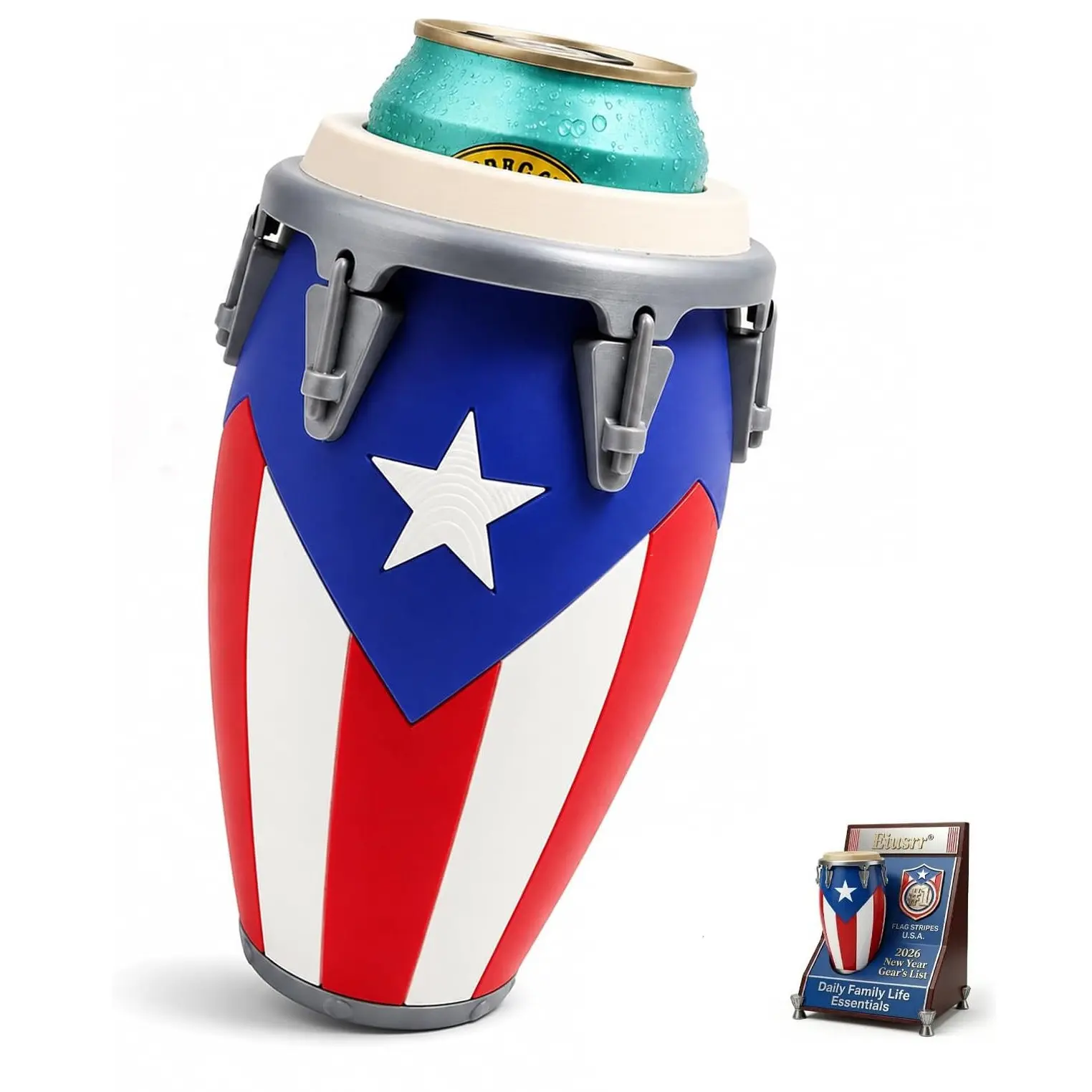 Conga-Style Can Holder – Celebrate Caribbean Pride, One Sip at a Time, Puerto Rican Flag Conga Style 3D Printed 12oz Beverage Can Holder, Boricua Caribbean Gift Ornaments Decor Lightweight Drum