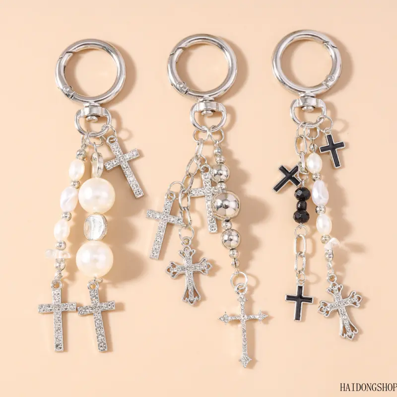 Quiet Luxury Coquette Viral Rhinestone Cross Pearl Beaded Keychain For Women, All-Match Round Tag Bag Charm Key Ring, Minimal Sparkly Accessory For Car Keys Backpack Daily Travel Dating Styling
